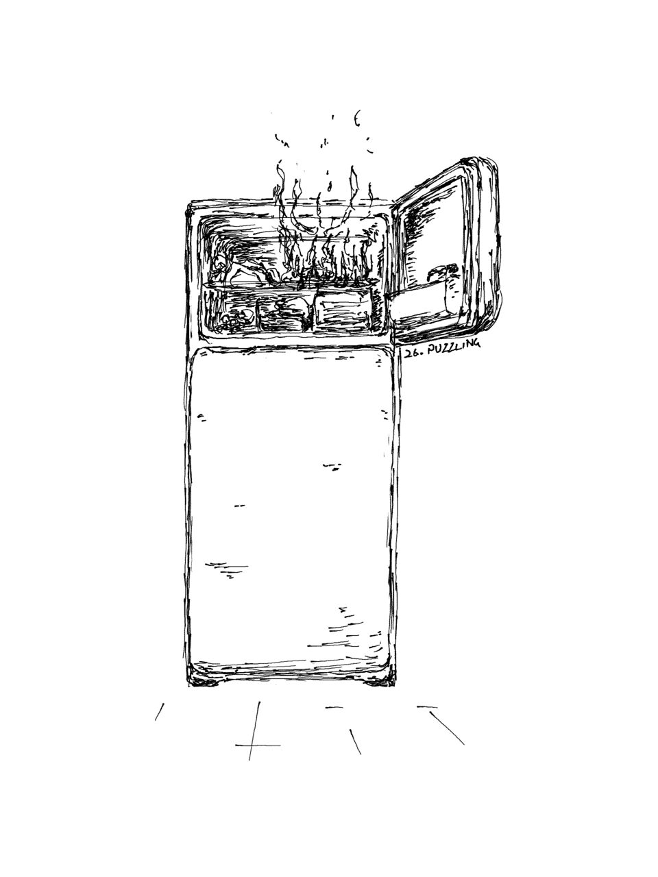 A fridge-freezer combo unit with the freezer door open. Inside is a fire.